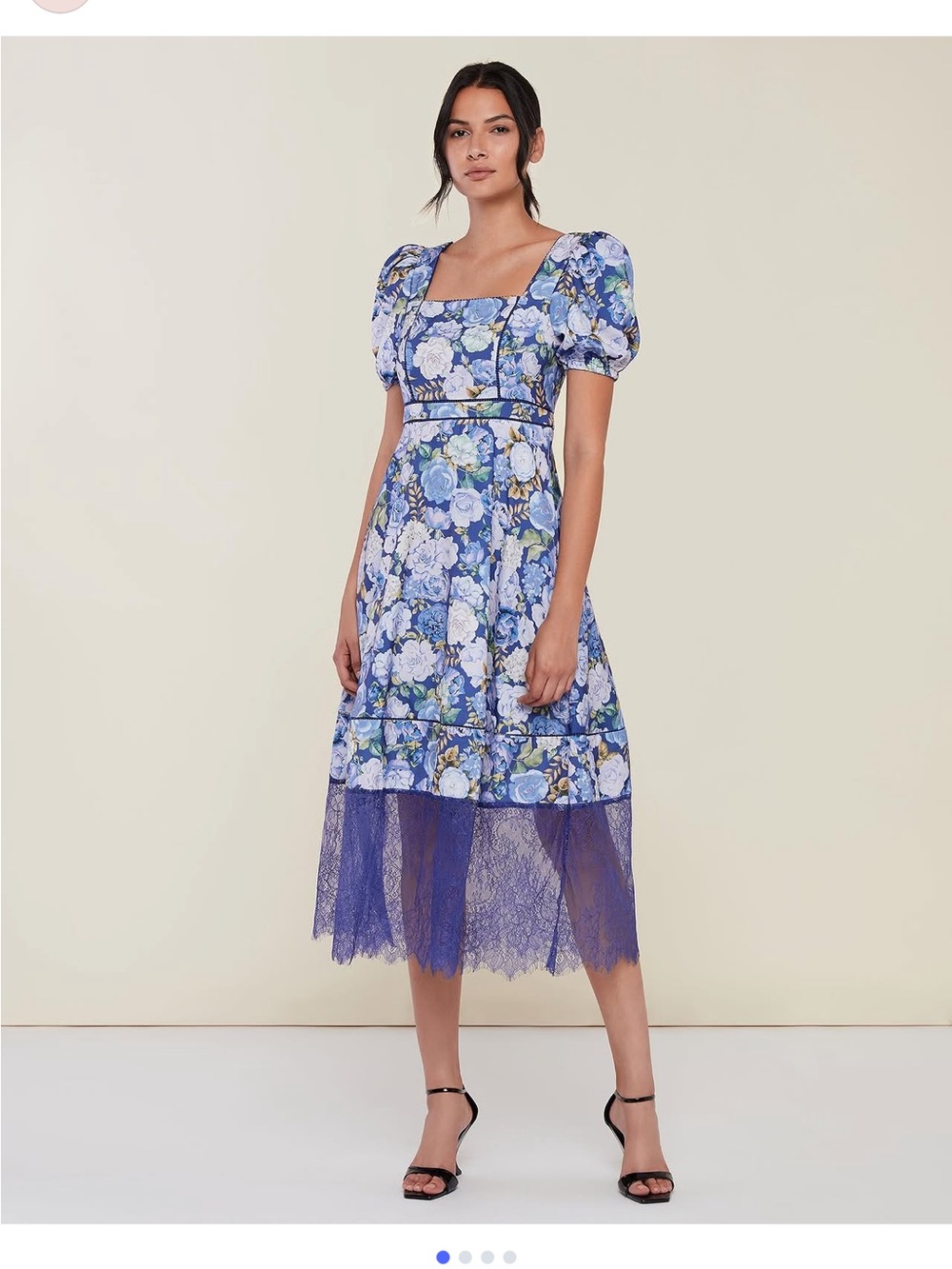 Rachel Parcell Blue Floral Puff-Sleeve Midi Dress with Lace Hem